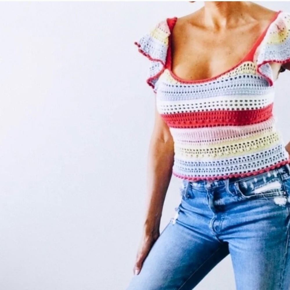 Sincerely Jules Pastel Stripe Crochet Knit Top Crop with Flutter Sleeve. Size M.